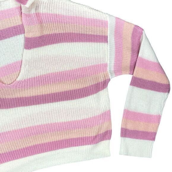 Pink Lily Hoodie Womens Sz M Pink White Striped Pull Over Knit Oversized Sweater - Picture 4 of 16